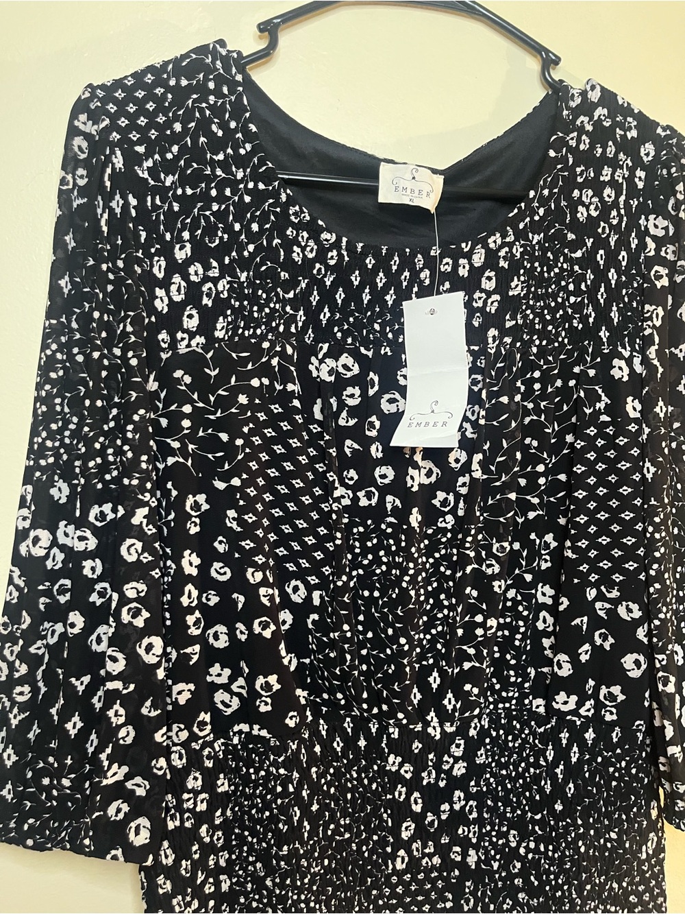 NWT Ember Black & White Printed Smocked Blouse